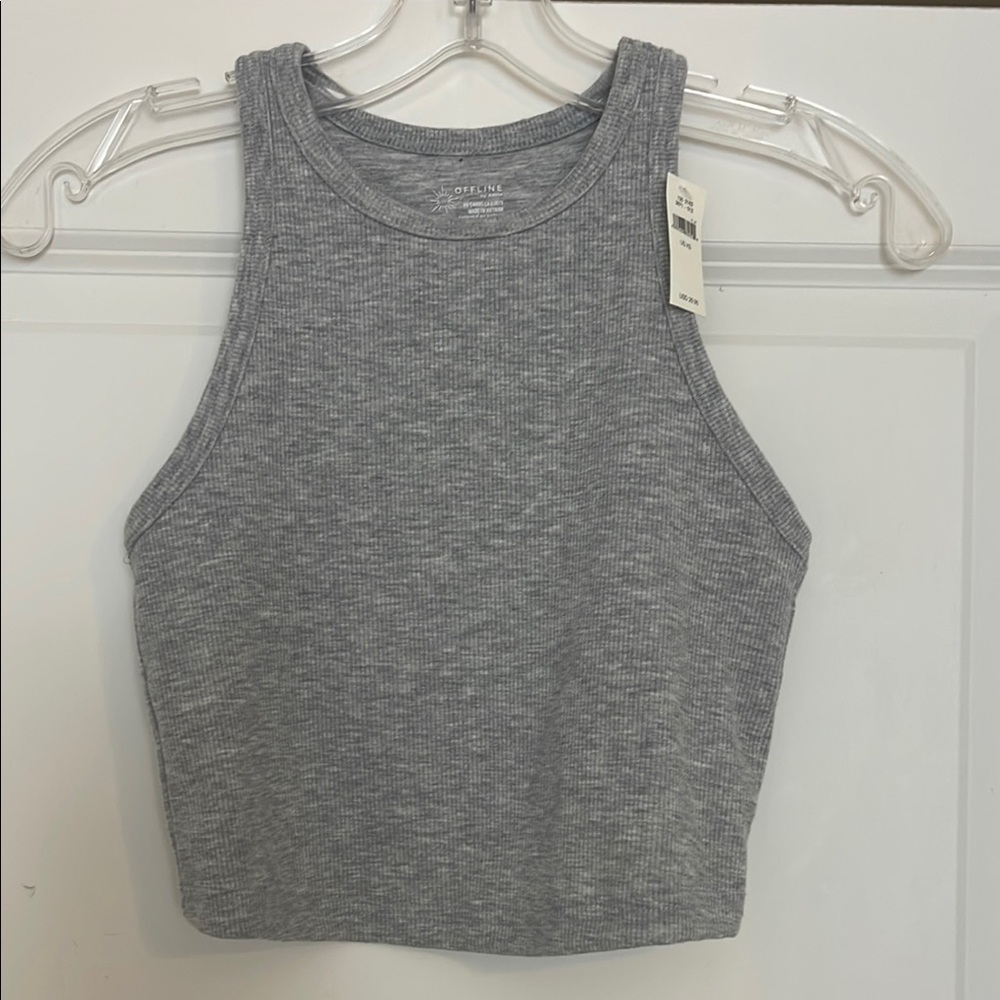 Offline by Aerie High Neck Ribbed Cropped Tank Neutral 90s Minimalism Style
